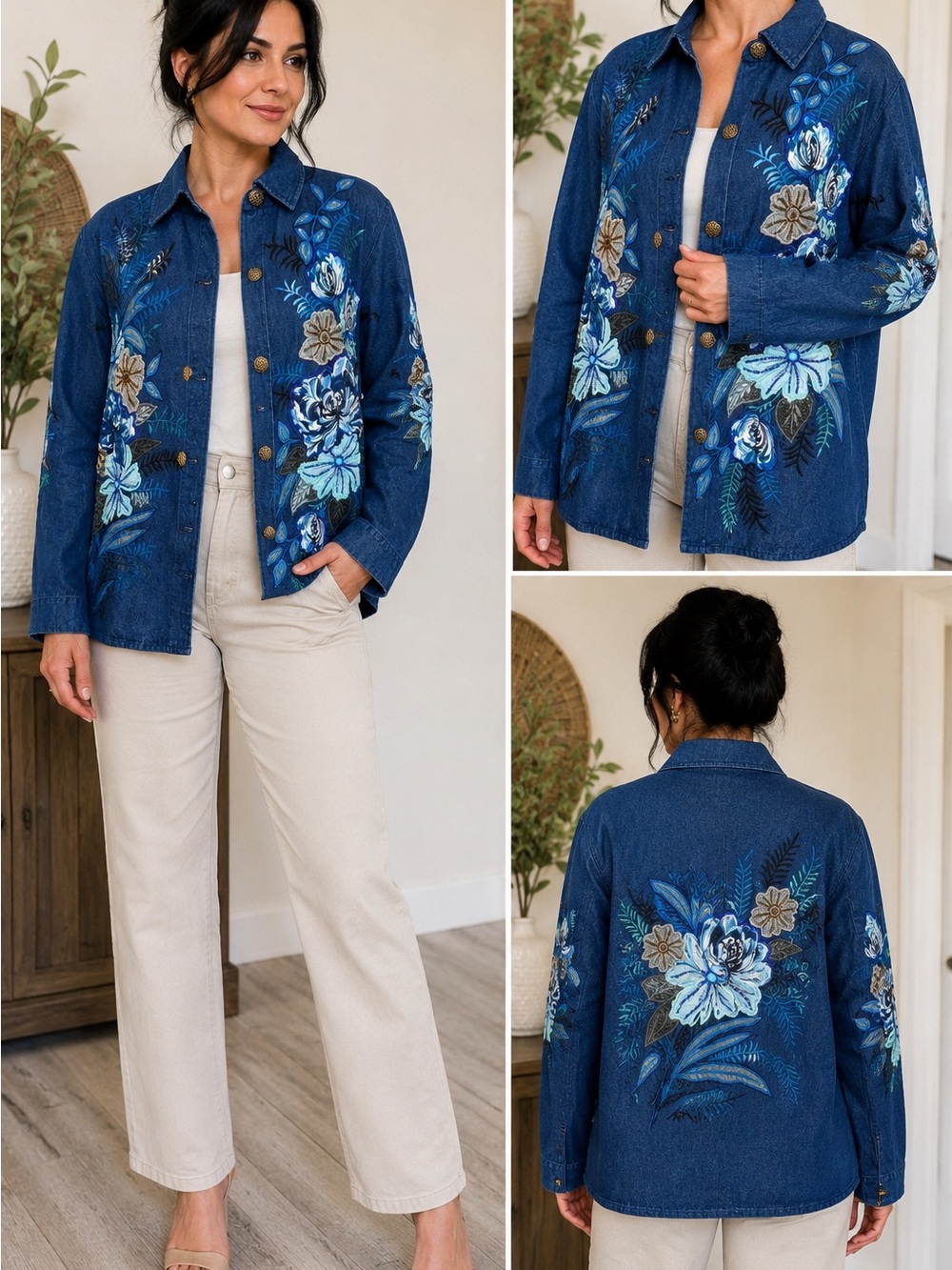 Embroidered Floral Denim Jacket - Blue